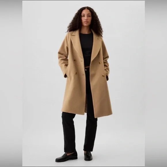 GAP Relaxed Long Topcoat Camel Wool Blend Double Breasted Size L NWOT - Picture 1 of 7